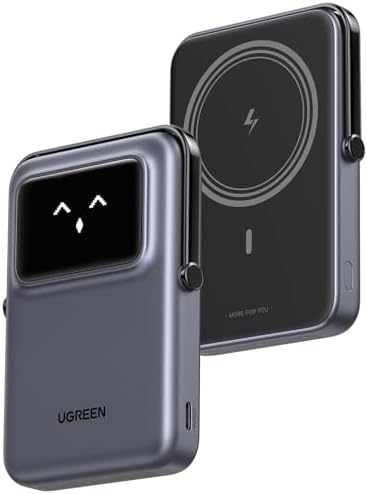 UGREEN Uno 折畳式スタンド付き マグネット式 モバイルバッテリー Qi ワイヤレス充電 TFTスクリーン表情表示 PB572 黒