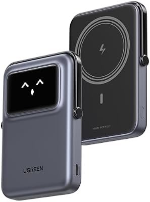 UGREEN Uno Power Bank Magnético 10000mAh Inalámbrico 7.5W, Cargador Portátil y PD 20W con Cavo USB C Pantalla y Soporte, Compatible con iPhone 17 Pro MAX Air/16/15/14/13/12 Mini Plus Pro MAX, Negro