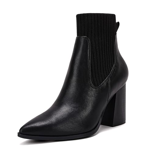 Coutgo Women Ankle Boots Sock Booties Pointed Toe Chunky Stacked High Heel Knit Chelsea Winter Dress Booties