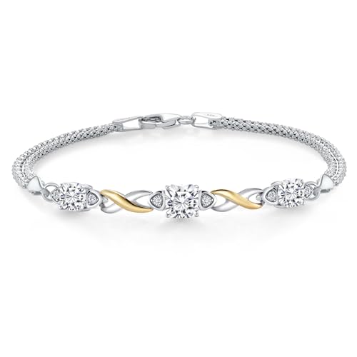 Gem Stone King 925 Silver and 10K Yellow Gold White Moissanite and White Lab Grown Diamond Bracelet For Women (2.55 Cttw, Asscher Cut 6MM and 5MM, 6.5/7/7.5 Inch, Made in Italy)