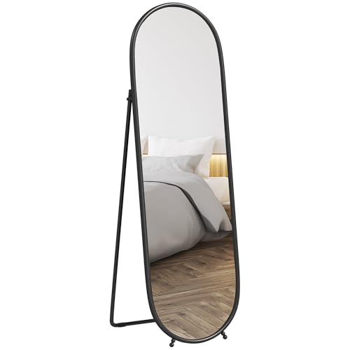 HOMCOM Grand Miroir sur Pied, Miroir Ovale, Cadre en métal Noir, avec Support pour entrée, Chambre, Dressing, 40 x 160 cm