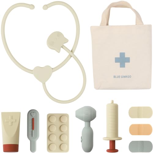 Image of BLUE GINKGO Toddler Doctor Kit - 10-Piece Silicone Toddler Doctor Playset (with Bag) | Durable Toy Medical Kits, Pretend Play for Toddlers 3-5 (Beige)