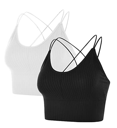 Sport BH Damen Bustier BH Ohne Bügel Sport Bra Top Spaghettiträger Cross Back Design Push up BH für Yoga Fitness (Schwarz+Weiß)