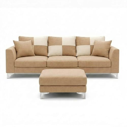 Image of Romeo Rich 4 Seater L Shape Sofa Set with Movable Ottomans | Flexible Layout | Velvet Suede Fabric | Golden Aesthetic Legs | Modern Sofa for Living Room (Beige)