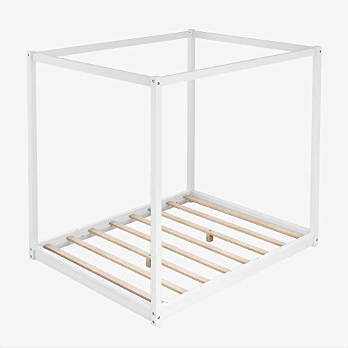 Merax Wooden Canopy Platform Bed Frame Queen Size Floor Bed/Mattress Foundation With Slat Support White #TOP4