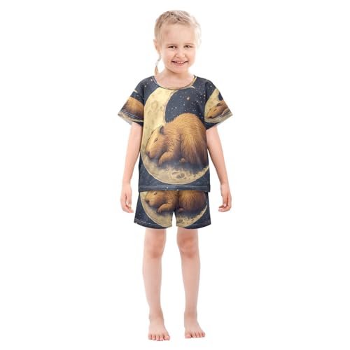 ALAZA Capybara on The Moon Pajamas Set Short Sleeve Cotton Sleepwear Summer Pjs 2 Piece 5-14Y3