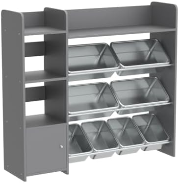 Toy Storage Organizer with Bookshelf, Kids Playroom Organization Shelving Unit with Removable Storage Bins & Safety Anti-Tip Bracket, Gray