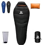 DERWAY ダウン寝袋 冬用 枕付き (220*85cm) 超軽量 ワイドバージョン 680FPフィルパワー -15℃~8℃ コンパクト寝袋 キャンプ ハイキング オートキャンプ 防災 車中泊 アウトドア緊急用 (ブラック, 羽毛量 1200g)