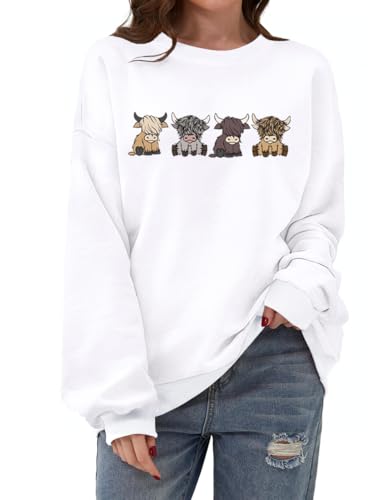 Women Highland Cow Sweatshirt Cute Cowgirl Gift Christmas Farm Sweatshirt Ribbon Long Sleeve Shirts