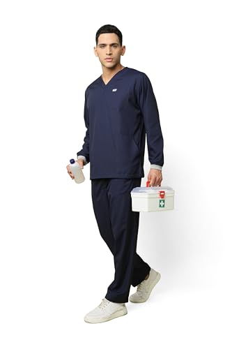 Image of KNYA Active Men's 5-Pocket Longsleeves Scrubs | Set of Top & Bottom | V Neck | Breathable Fabric | Comfortable | Durable | Uniform for Doctors, Nurses and Dentists (2XL, Navy Blue)