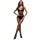 V-Ting Sexy Damen Strass Bodysuit Bodystocking Catsuit Body Dessous Reizwäsche aus Netz Schwarze Netzstrümpfe unterwäsche Ouvert Netz Negligees Lingerie erotik set Club Party rhinestone