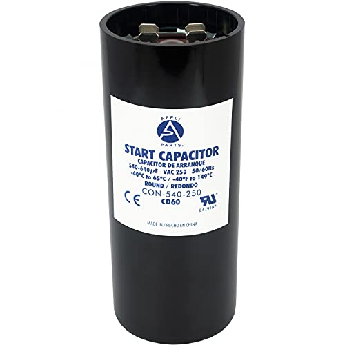 Appli Parts motor start capacitor 540-640 Mfd (microfarads) uF 250VAC universal fit for electric motor applications 1-3/4 in Diameter 4-3/8 in Height CON-540-250