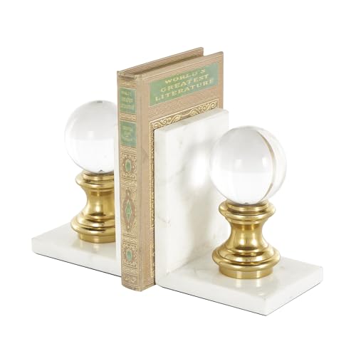 Deco 79 Marble Bookends with Glass Orbs and Gold Accents, Set of 2 5" W, 6" H, White