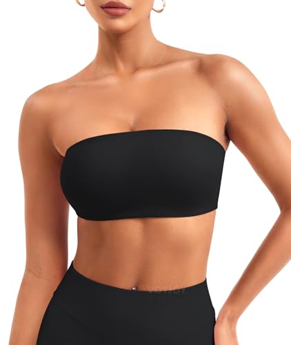 VOYJOY Women Strapless Bandeau Bra Wireless Padded Sports Bra Tube Top Seamless Stretchy Workout Bralette