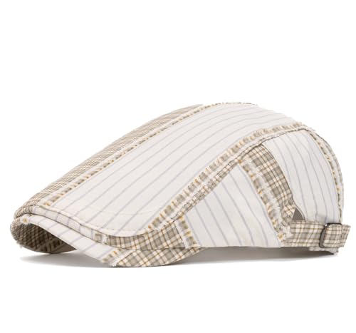Image of Quanhaigou Men's Cotton Flat Ivy Gatsby Newsboy Driving Hat Adjustable Irish Cabbie Ivy Driving Hunting Cap (Patchwork Khaki)