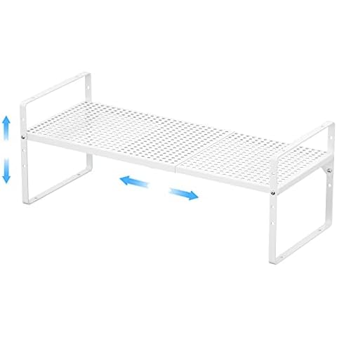 GEDLIRE Expandable Kitchen Cabinet Shelf Organizers, Stackable Metal Pantry Storage Shelves Rack, Adjustable Counter Spice Shelf for Cabinets, Countertop, Cupboard Organizers and Storage, White Cover