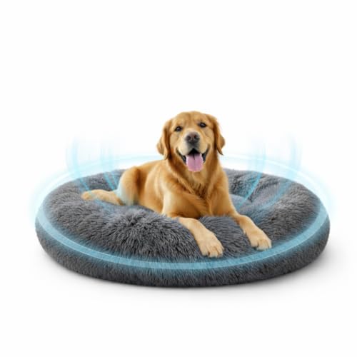 Image of Round Donut Pet Bed for Dogs & Cats, Soft Plush Faux Fur Sleeping Mat, Cozy Calming Nest with Raised Supportive Rim, Reversible 2-in-1 Design, Washable Pet Cushion | Gray, Small, Gray, Small