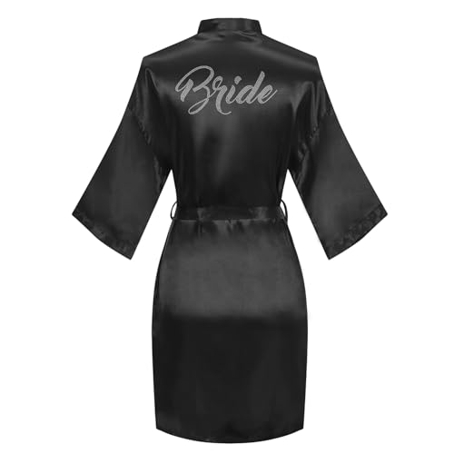 Image of Women's Bride Bridesmaid Robes Short Satin One Size Silver Rhinestones Wedding Party Getting Ready Sleepwear