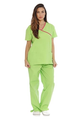 Just Love Women's Scrub Sets/5 Pocket Medical Scrubs Uniforms (Mock Wrap), Green Apple With Fuchsia Trim, Small