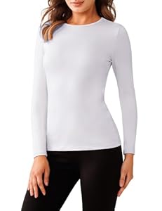 Harlamvar Langarm Thermounterwäsche Damen Pullover Oberteile Winter Rundhalsausschnitt Thermoshirt Innenfleece Thermo Base Layer Weiß