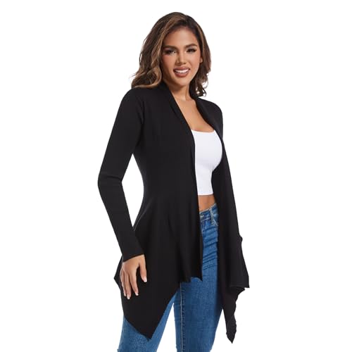 Women's Draped Open Front Cardigan, Long Sleeve Soft Ribbed Knit All-Season Outerwear with Irregular Hem4