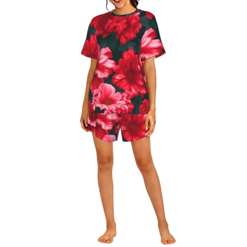 Pyjama court imprimé fleurs rouges pour femme - Homewear