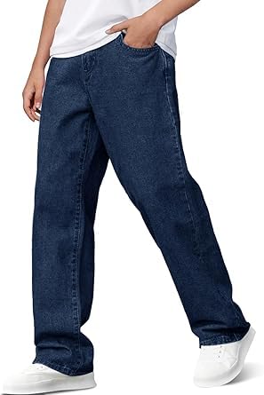 Haloumoning Jean baggy pour garçon et enfant - Coupe droite - Coupe ample - Avec poches, bleu foncé, 13-14 ans