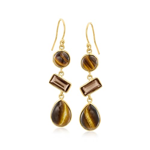 Ross-Simons Tiger Eye and 2.70 ct. t.w. Smoky Quartz Drop Earrings in 18kt Gold Over Sterling
