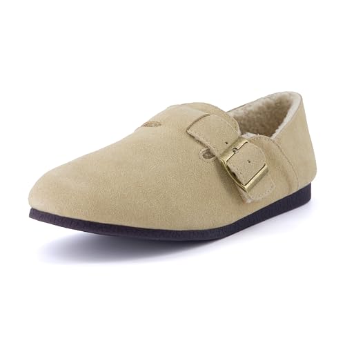 Image of CUSHIONAIRE Women's Nest Genuine Suede Slip-On Shoe with Faux Shearling Lining & Memory Foam | Adjustable Buckle & Non-Slip Sole