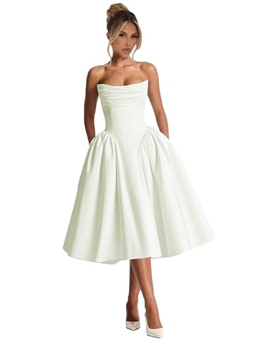 Strapless Satin Wedding Dresses for Bride Tea Length A Line Prom Dress for Women Pleated Formal Cocktail Party Gown