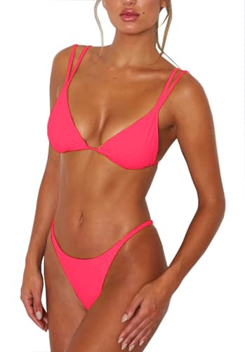 Image of Women's Sexy Thong Bottom Two Piece Bikini Double Shoulder Straps Cute Swimsuit Triangle Bathing Suit