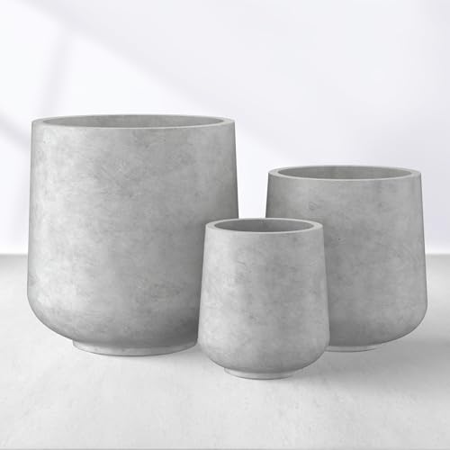Image of Kante Set of 3 Pale Gray Concrete Curved Round Planters for Modern Home | Handcrafted, Premium, Durable, All-Weather Cement Pot, Drainage for Outdoor, Rubber Plug for Indoor Home, Anti-Frost & UV