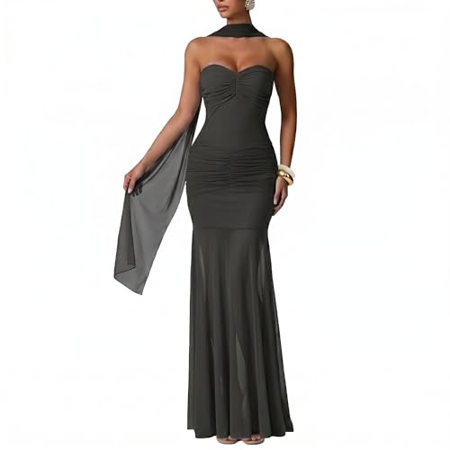 Curvphilo Womens Strapless Ruched Bodycon Mermaid Maxi Dress with Neck Scarf Formal Evening Prom Wedding Guest Gown Black