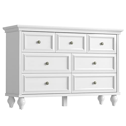IDEALHOUSE French Vintage Dresser for Bedroom with 7 Drawers, Vintage Design Wood Drawer Dresser Chest of Drawers for Closet, Living Room, Hallway, Nursery, Kids Bedroom, White