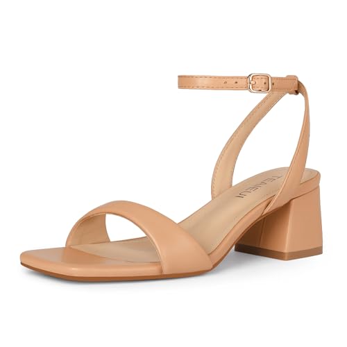 Image of TEAIEUI Block Heels for Women, Square Open Toe Heeled Sandals, Chunky Ankle Strap Shoes for Dress, Party, Prom, Low Heel 2 inch