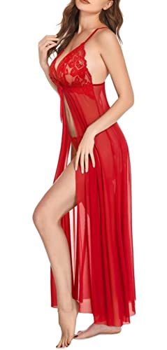 Image of Women's Lace Floral Maxi Babydoll Lingerie | Split Long Mesh Sexy Lingerie for Women | Sleepwear for Women