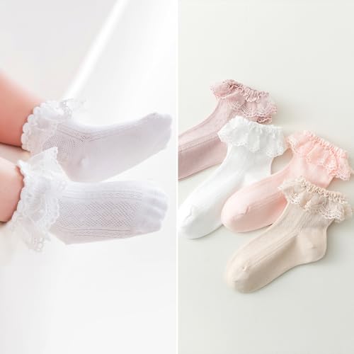 EPEIUS Baby Lace Socks Newborn Girl Eyelet Ruffle Frilly Socks Soft Breathable Seamless Cotton Sox 0-6/6-12/12-24 Months2