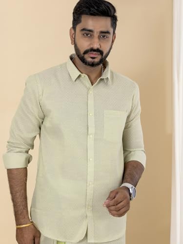 Image of RAMRAJ COTTON Men Gold Tissue Jacquard Full Sleeves Shirt with Matching Dhoti Set