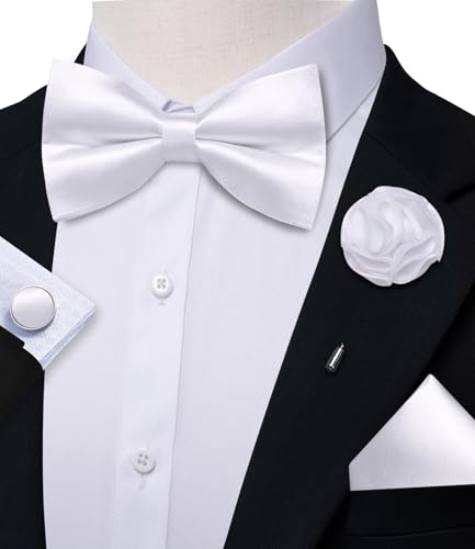 Image of Solid Color Bow Ties for Men Silk Pre-tied Tuxedo Bowtie Set 4PCS | Pre-tied in 3 seconds,adjustable 4PCS bow tie and pocket square cufflinks lapel pin set,wedding,formal,party,prom,graduation