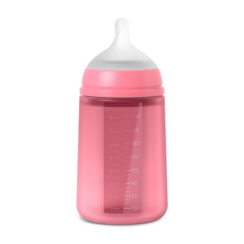 Suavinex, Biberón con Botella de Silicona de 240 ml, con Tetina Fisiológica SX Pro de Silicona, con válvula Anticólico, Biberón de Flujo Medio (M). Para Bebés +3 Meses. Colour Essence, Fuchsia