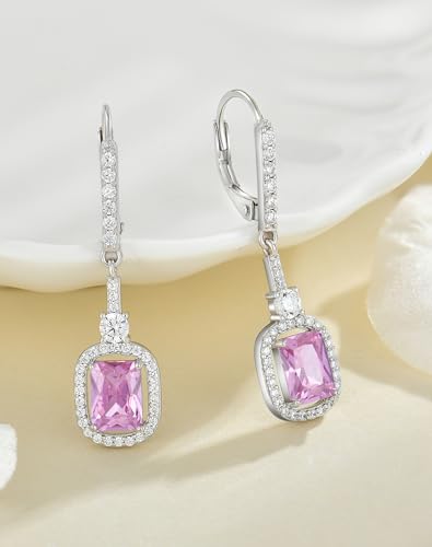 Halo Cushion Princess Emerald Cut Earrings - Solid Sterling Silver 18K White Gold Plated Dangle Earrings for Women Birthstone Leverback Jewelry2