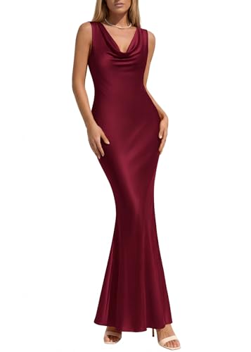 KIRUNDO Womens Summer Cowl Neck Sleeveless Satin Maxi Dress Elegant