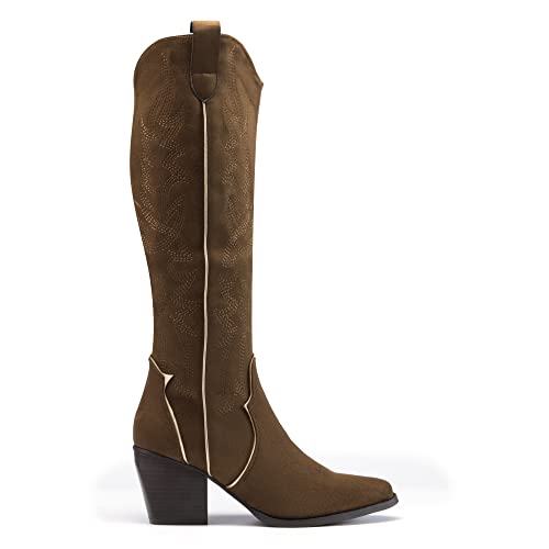 Image of DREAM PAIRS Womens Cowboy Boots Wide Calf Comfortable Pull On Zipper Chunky Heel Pointed Toe Embroidered Western Cowgirl Knee High Boots Ladies Retro Tall Boot