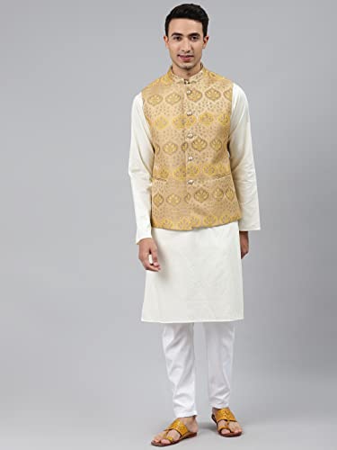 Image of MANQ Men Fawn Woven Jaquard Silk Nehru Jacket
