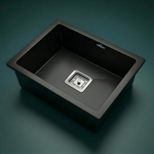 Image of ARQUIN Quartz Sink 24x18x9 Inch Black | Single Bowl Sink | Durable & Scratch-Resistant | Undermount /Topmount Including Coupling, Waste Pipe & Fruit Washing Basket
