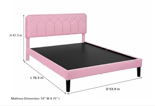 Image of APRODZ Full Size Bed | Upholstered Bed Frame with Channel Tufted Headboard | Bed Full Size Wooden Legs | Double Bed King Size Without Storage | Bedroom Furniture | Pink Fabric & Black Wooden Legs