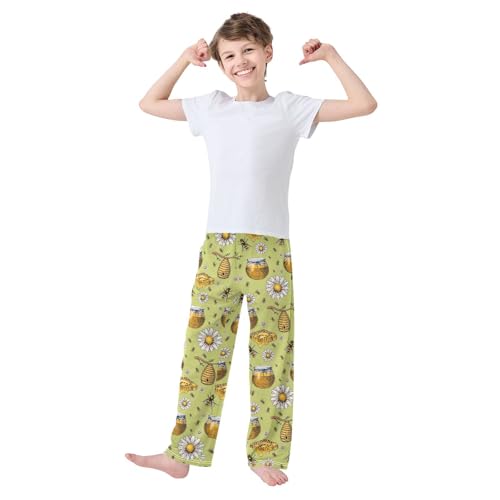 Honey Bee Daisy Boys Long Pants Soft Trousers Elastic Waist Kids Lounge Bottoms with Pockets S-XL2