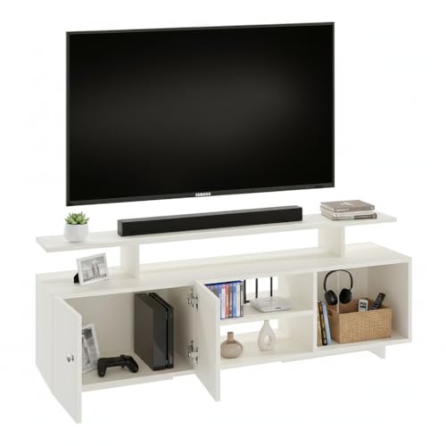 Image of FURNEASER Eskido Engineered Wood TV Entertainment Unit, Floor Standing TV Cabinet with Storage Shelves for Living Room, TV Stand for 32,43,50 & 55 Inch TV (Exotic Teak & White) (White)