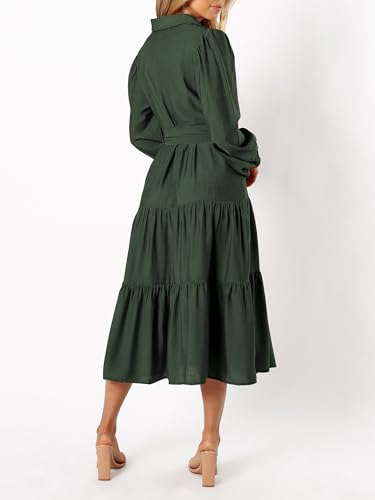MASCOMODA Womens Dresses 2025 Fall Long Sleeve Midi Dress Casual V Neck Button Down Tiered Flowy Aline Tie Waist Shirt Dress4