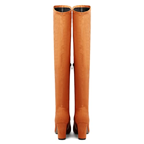 Zamikoo Women's Over The Knee Boots, Pointed Toe High Heel Thigh Boots With Side Zipper, Stretch Chunky Heel Thigh High Boots 3.5 Inches With Fur Suede Orange Us Size 9 #TOP4